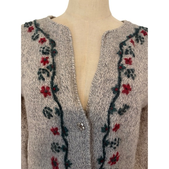 Vtg 90s Northern Reflections Wool Blend Floral Embroidered Cardigan Sweater M - Picture 4 of 6